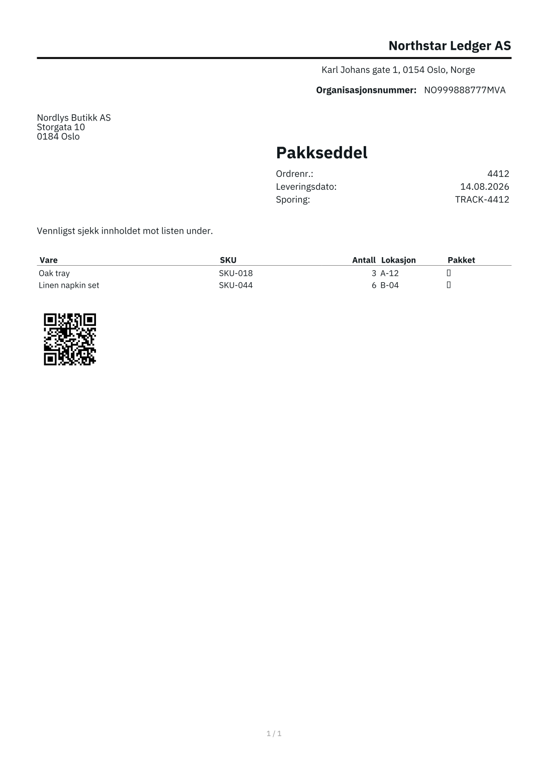 Packing slip with tracking QR